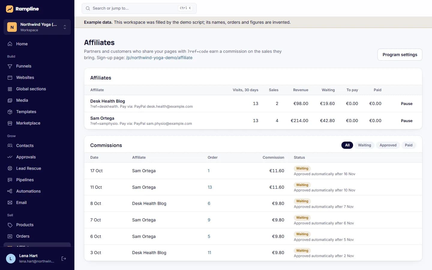 Affiliate program: Partners, referred sales and commissions waiting for their hold period.