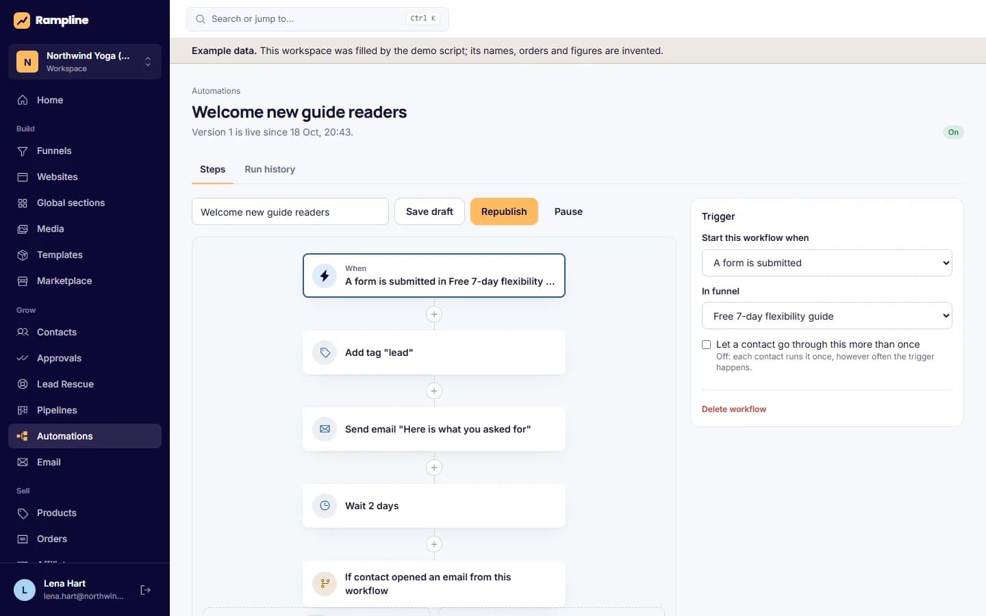 Automation studio: A welcome workflow with its trigger and steps.