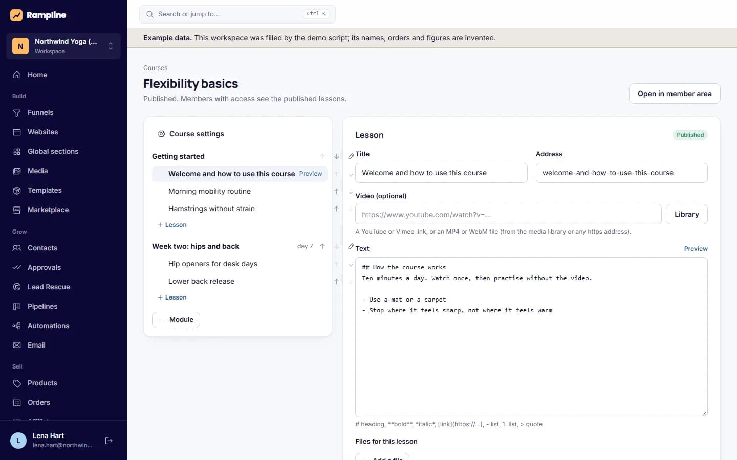 Course editor: Modules, lessons, drip schedule and progress for a course.
