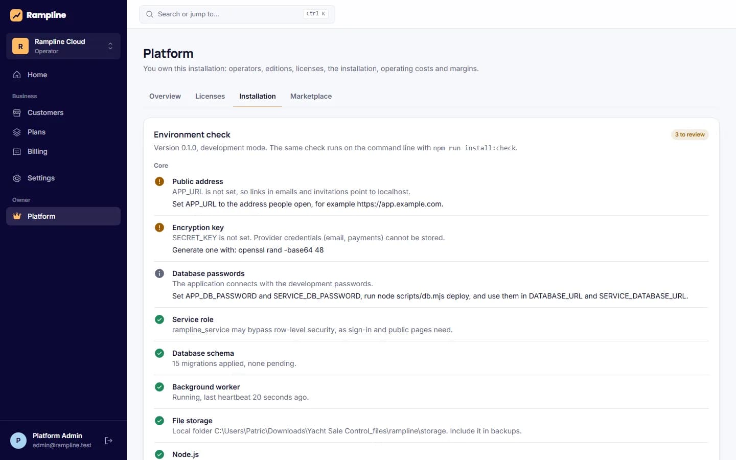 Installation status: Environment checks and smoke test of a self-hosted installation.