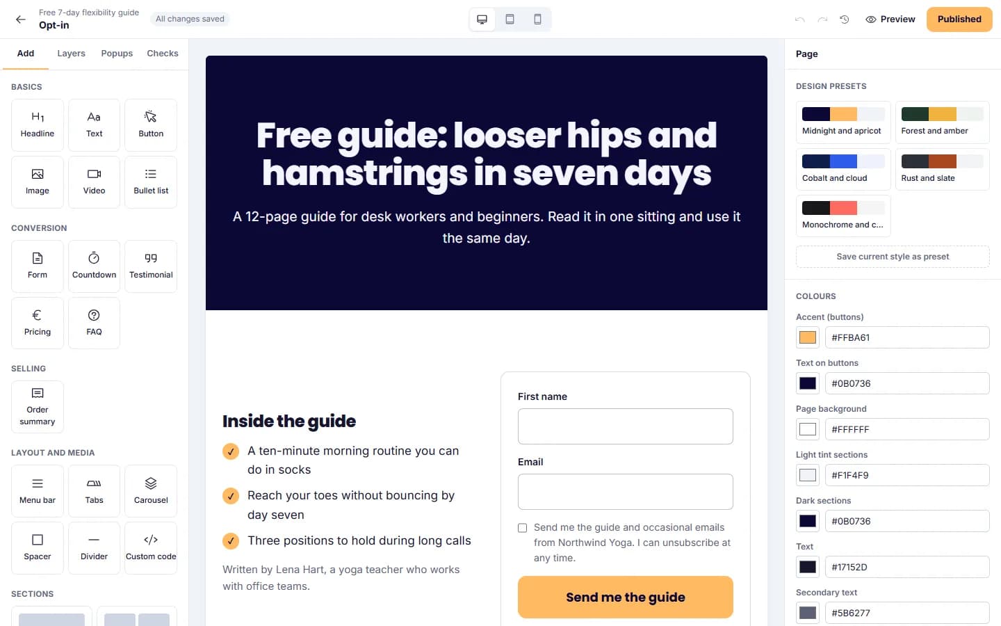 Page editor: The page editor with blocks, properties and preview widths.