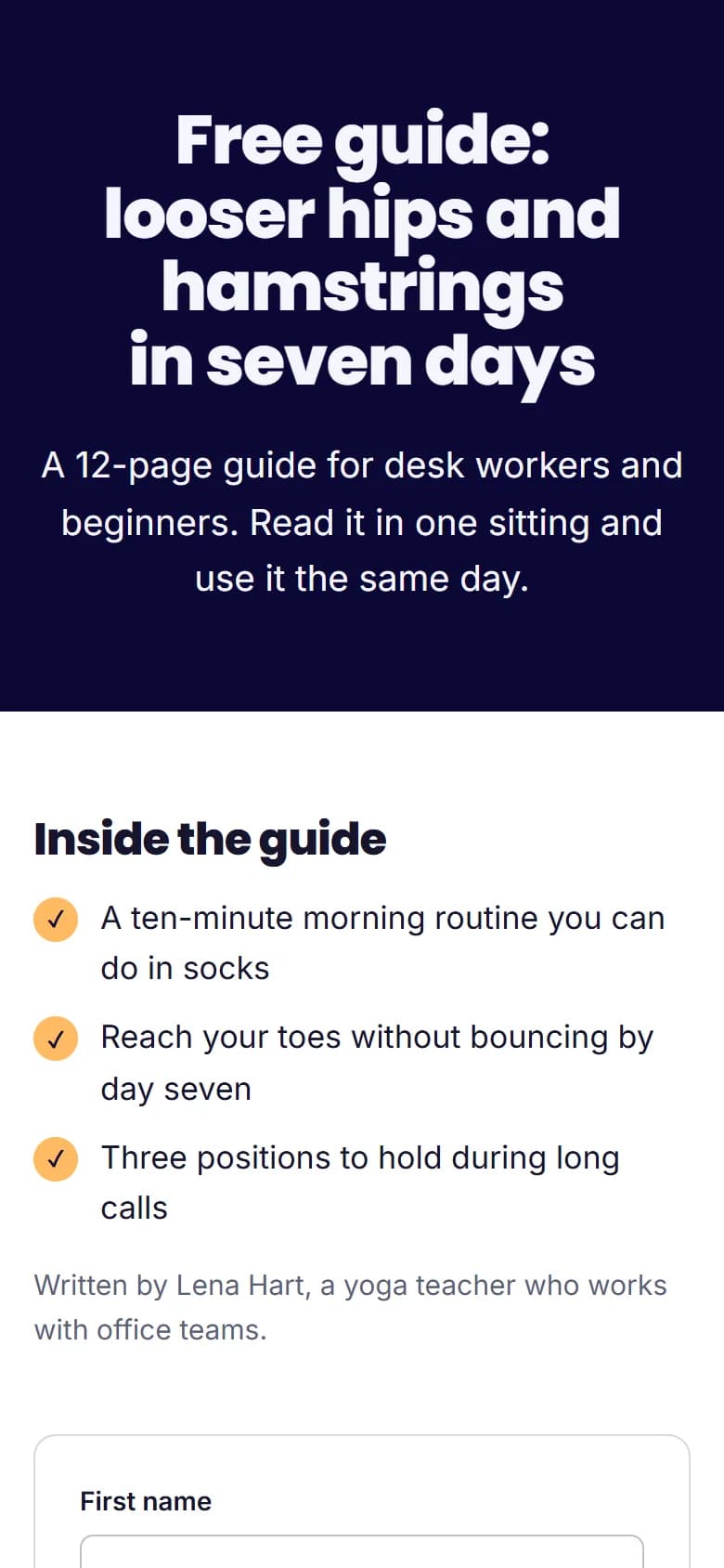 Published page on a phone: The same opt-in page at phone width.