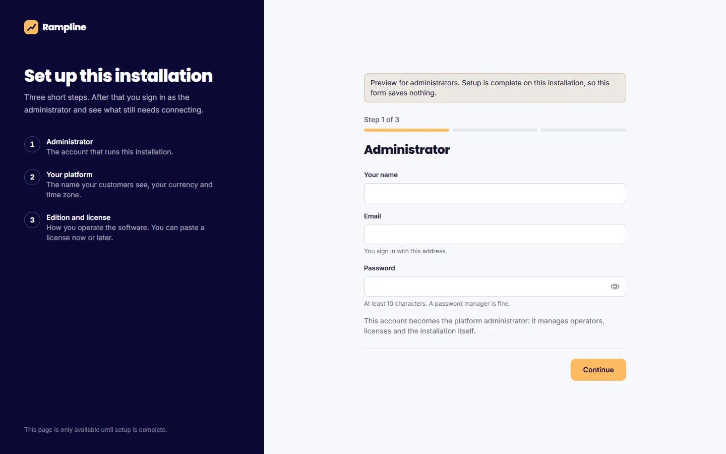 Self-hosted setup: The first-run wizard of an independent installation (administrator preview).