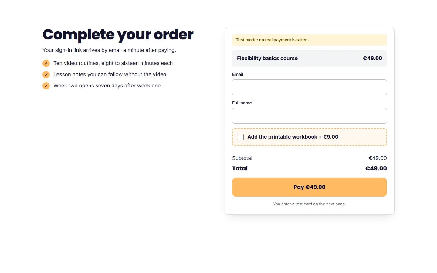 Checkout: The hosted checkout with an order bump, in test mode.