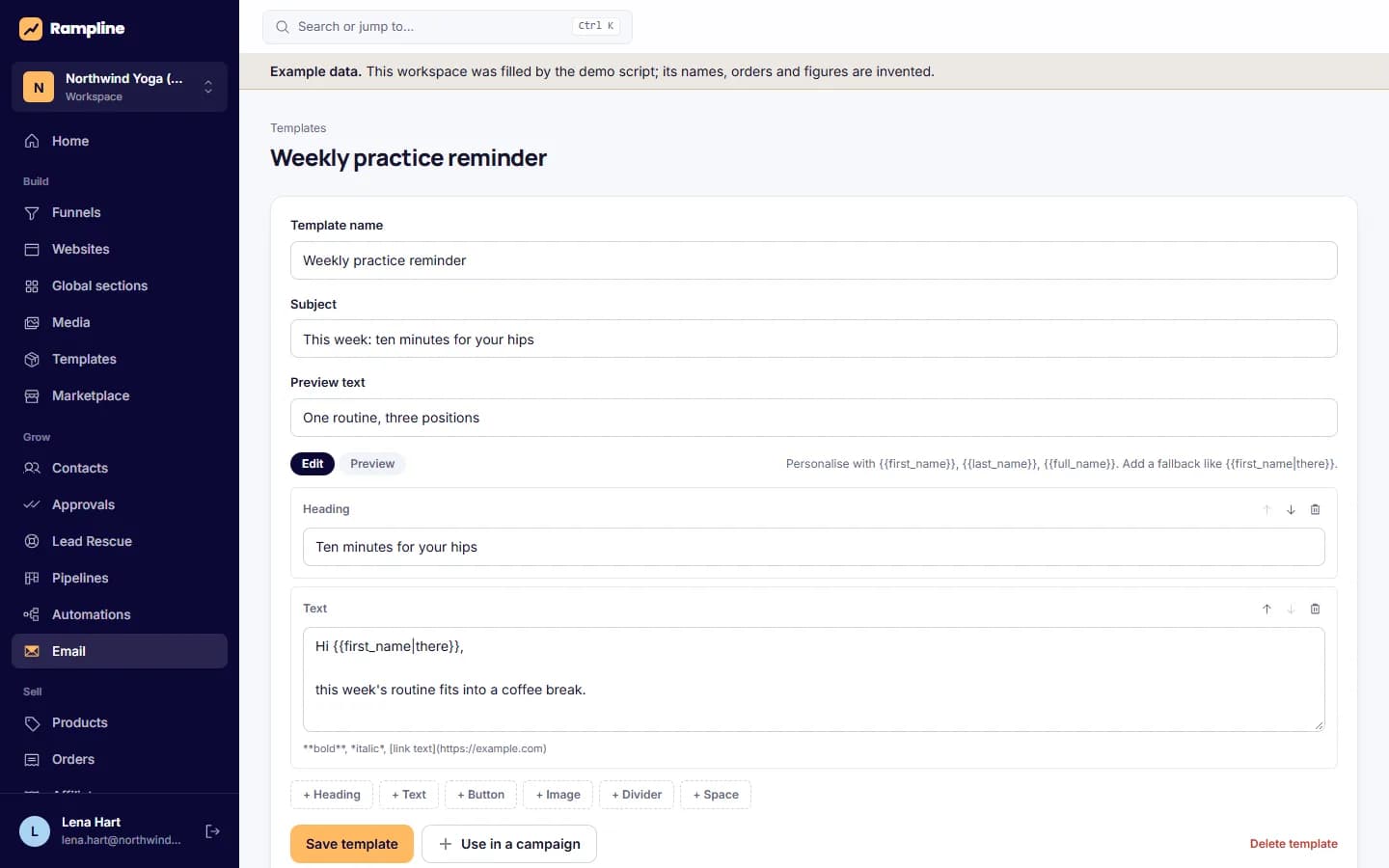 Email editor: An email template in the block editor with its live preview.