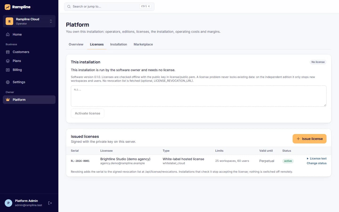Licensing dashboard: Licenses issued for white-label and independent installations.