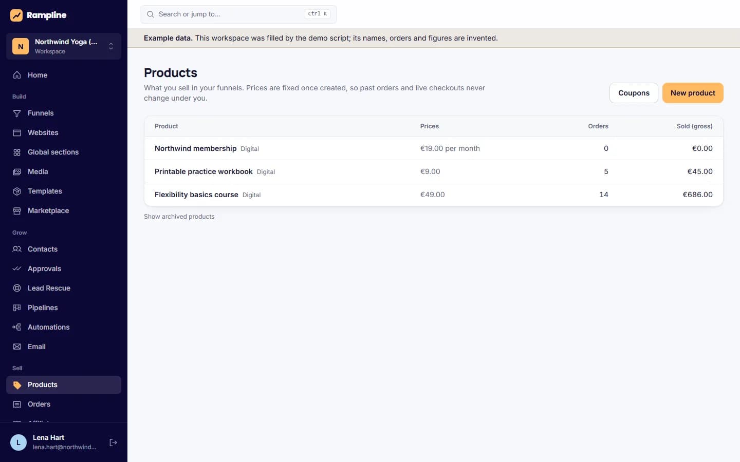 Products and prices: Products with one-time and recurring prices, ready for the checkout.